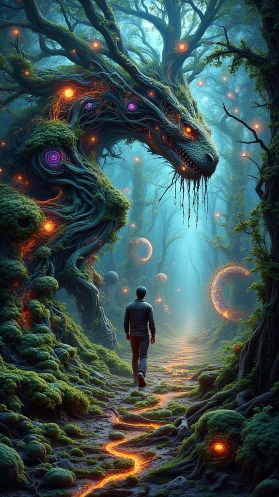 Fractal Man and Dragon Tree in Surreal Magic Realism