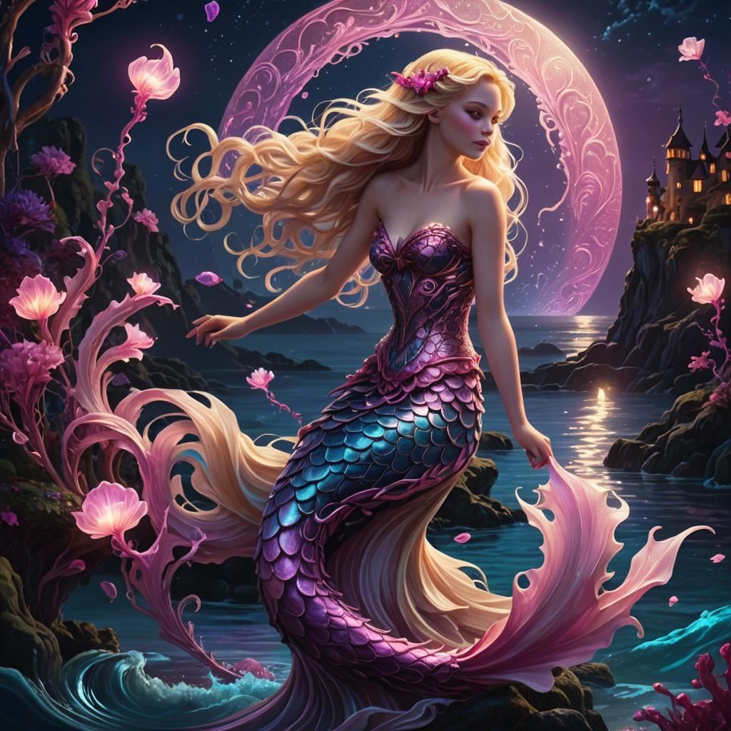 Mermaid with Glowing Tail in Art Nouveau Style