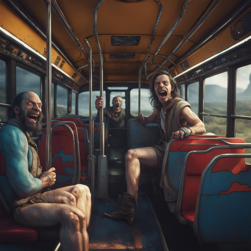 Joyful Lunatic Drives Bus in Detailed Digital Painting