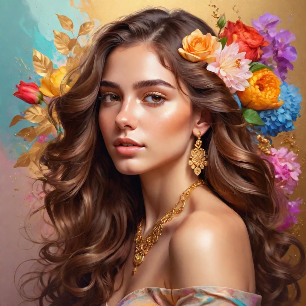Hyperrealistic Portrait of Woman with Flowers and Gold