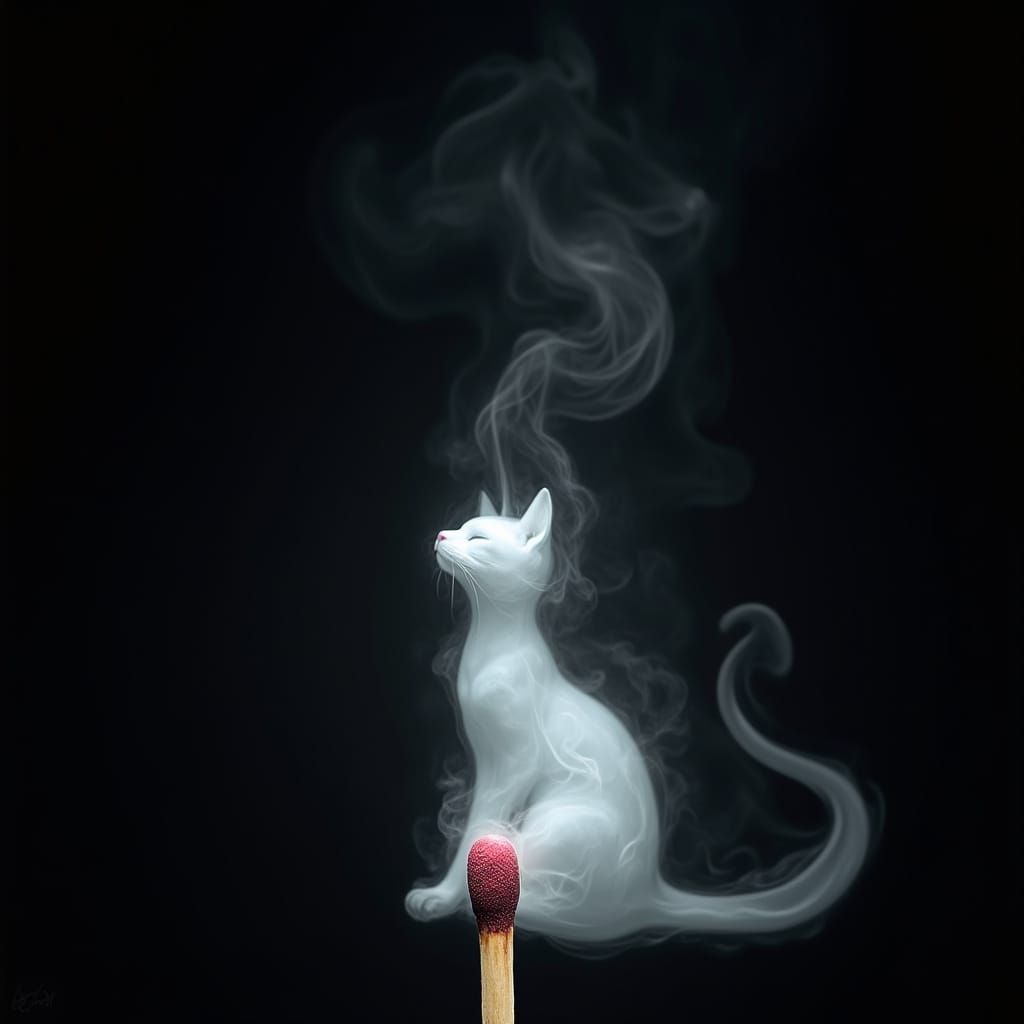 Ethereal Smoke Cat Rises from Match Head in Fantasy Art