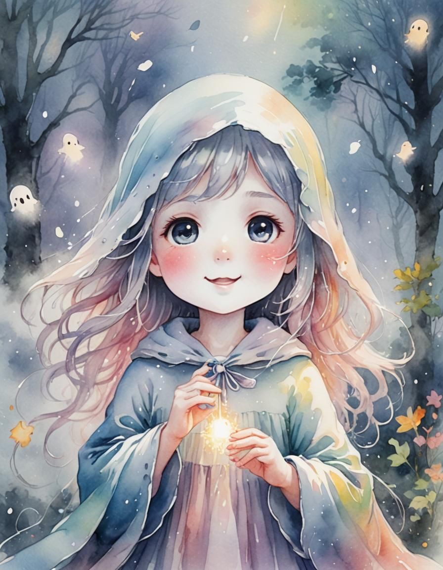 Chibi Ghost in Sparkling Mist: Watercolor Anime Art