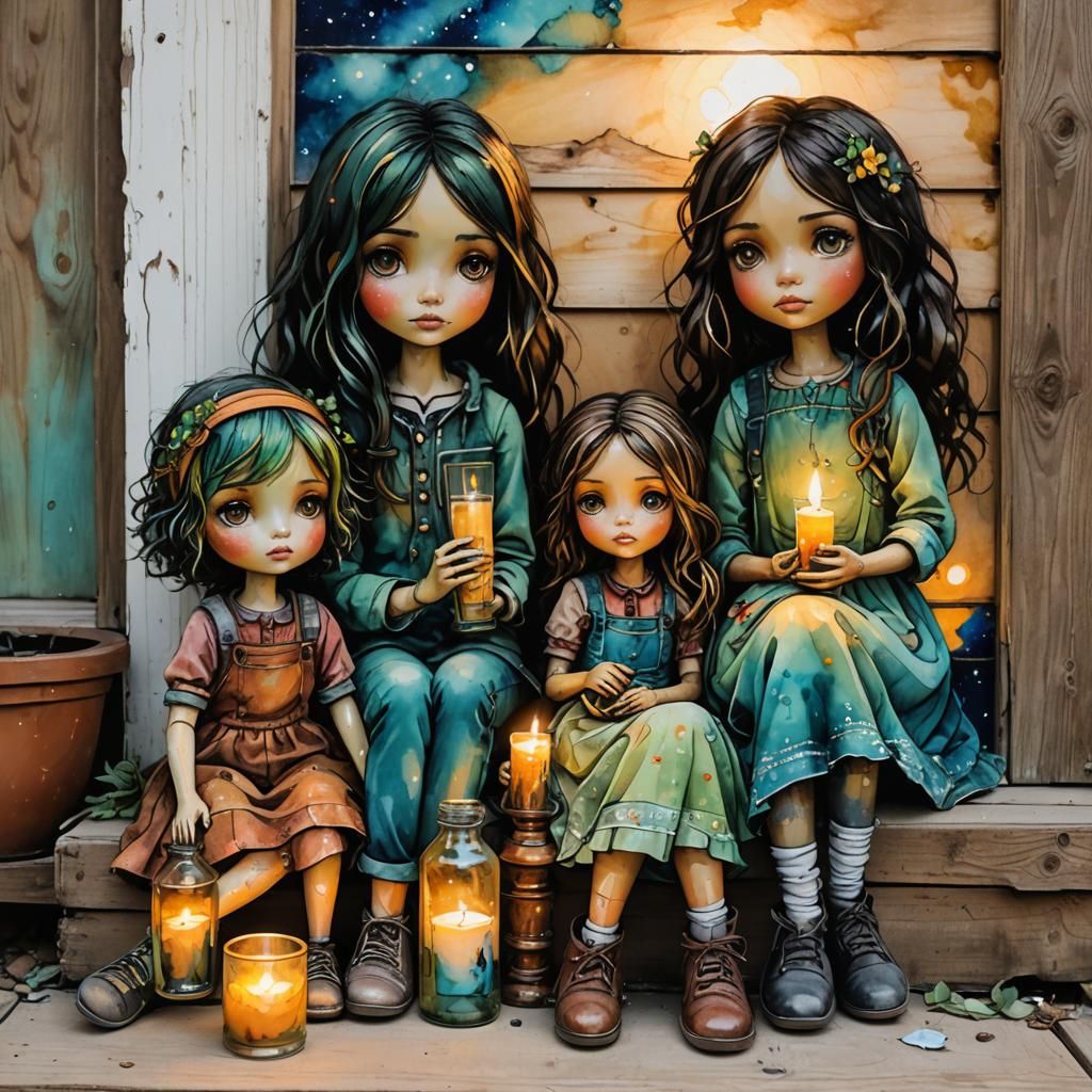 Dolls on a Candlelit Porch at Sunrise in Folk Art Style