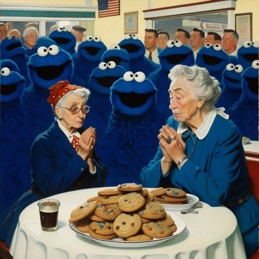 Cookie Monster and Old Ladies Saying Grace in Diner
