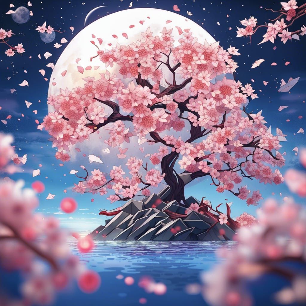 Origami Cherry Blossom Tree with Sea and Starscape