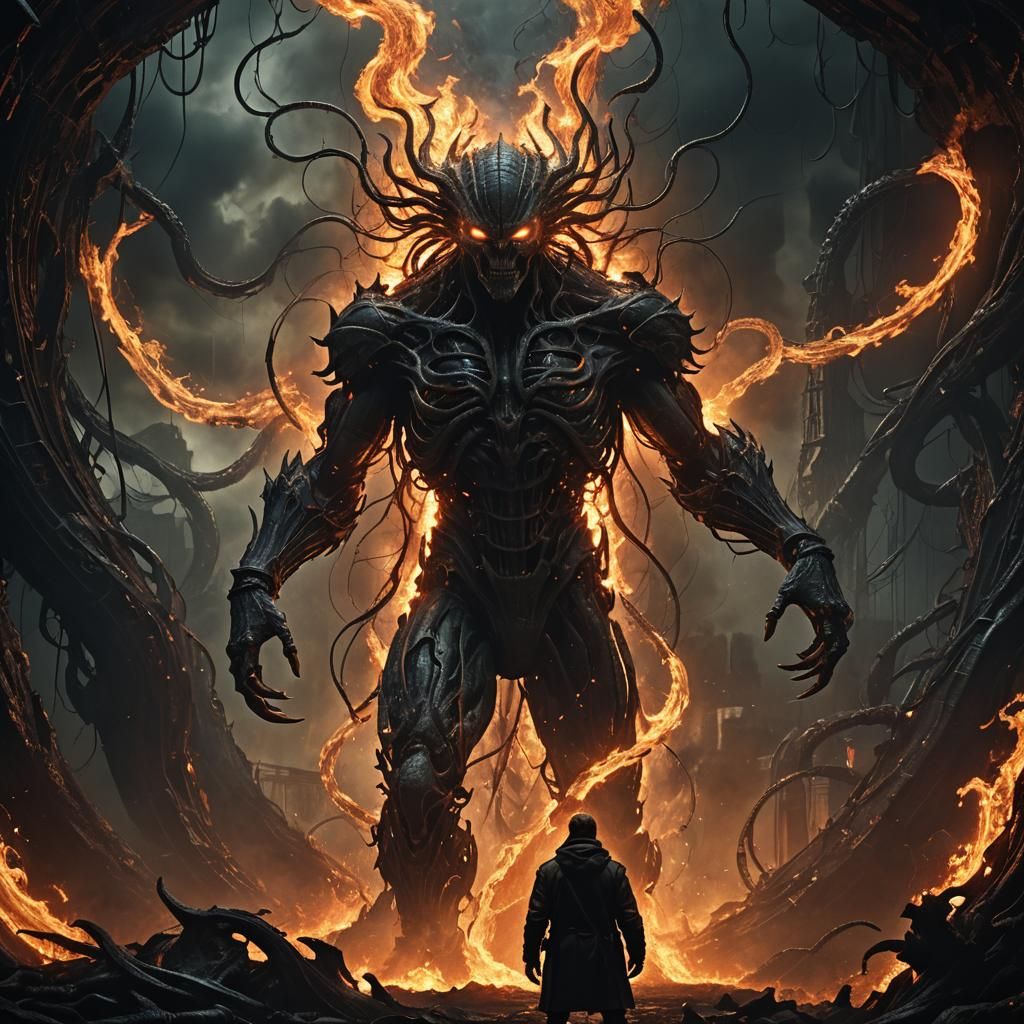 Tormented Figure at Fiery Abyss in Digital Painting