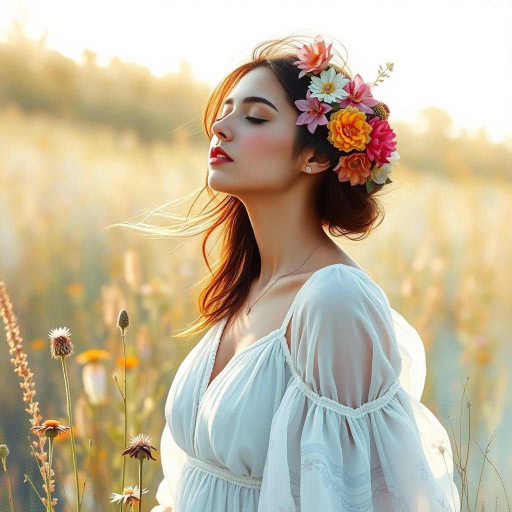 Serene Woman in Sun-Drenched Meadow, Inspired by Expressive ...