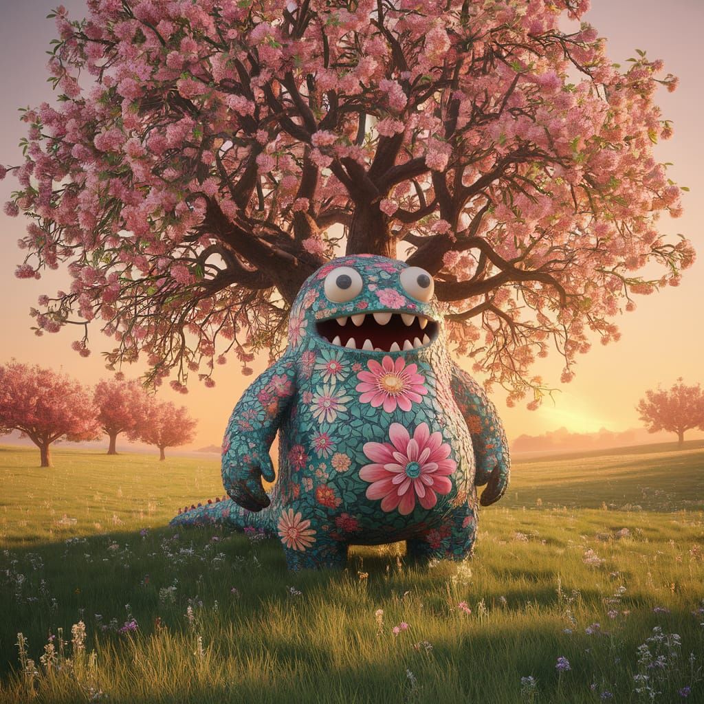 Monster Mosaic Envelops Apple Tree in Digital Art