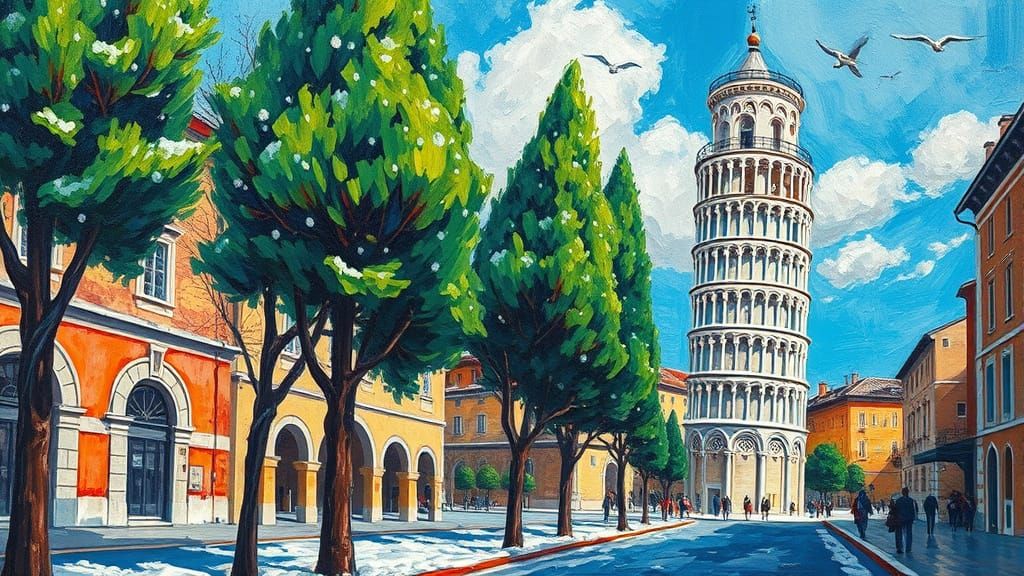 Snowy Pisa Cityscape in Neo-Impressionist Style