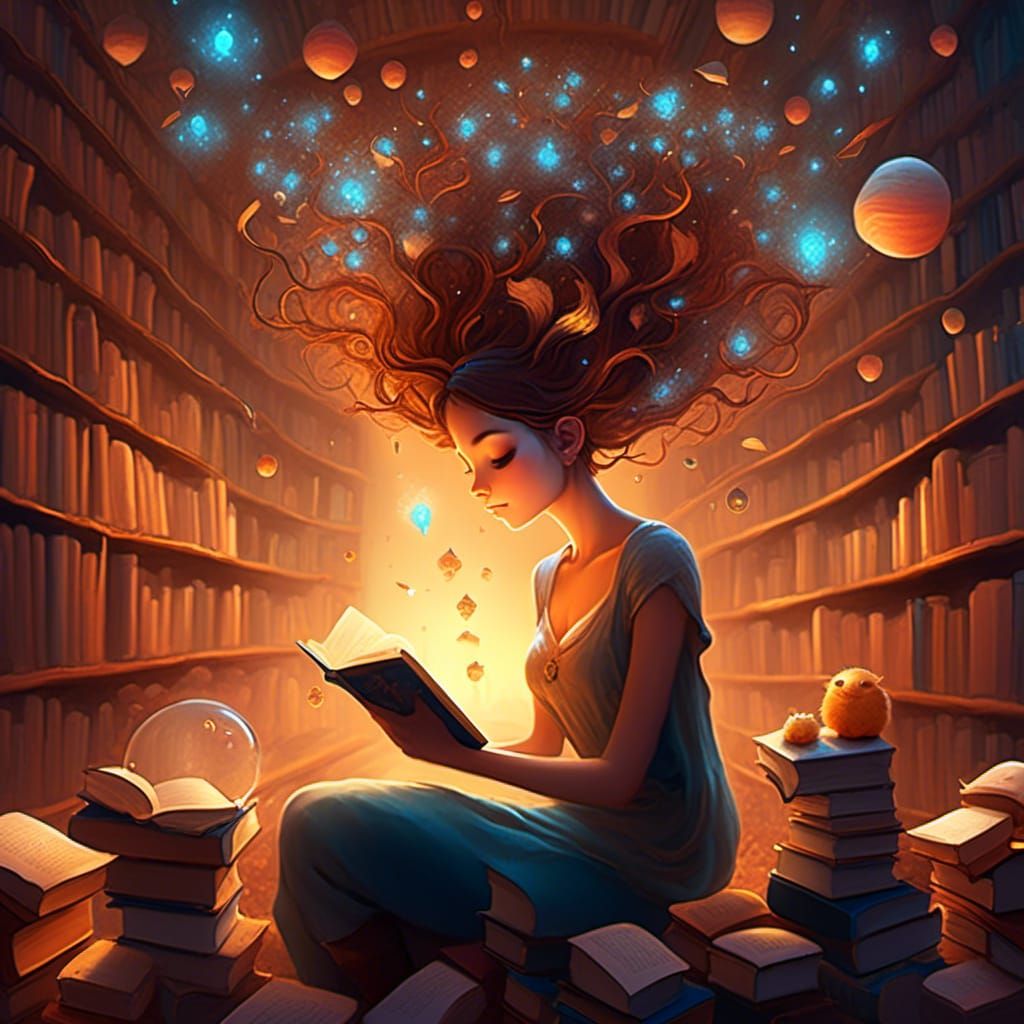 Ethereal Fey Reading Surrounded by Books