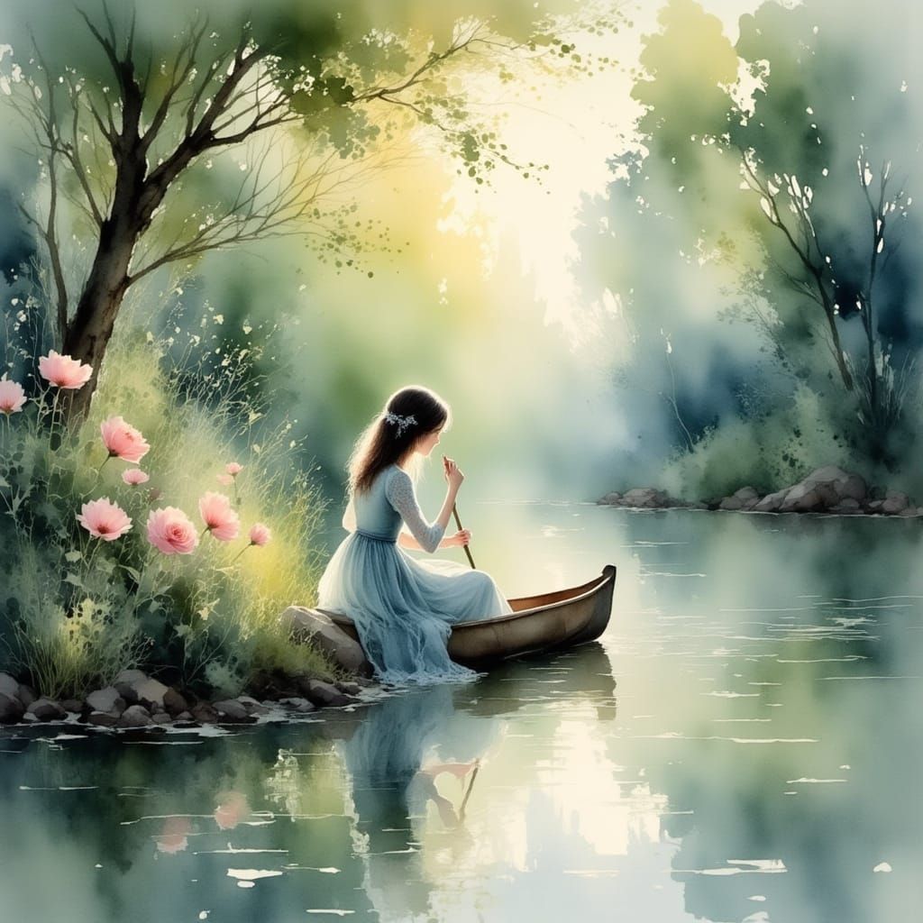 Woman Paddling Canoe on Dreamy Lake in Impressionistic Style