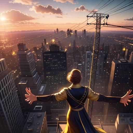 Person on Power Line Above City at Sunset