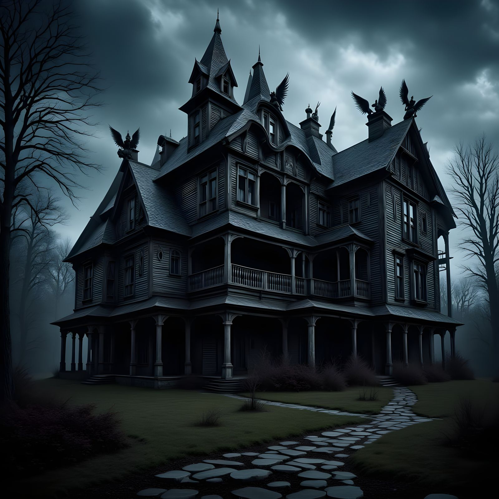 Gothic Mansion Under Dark Skies with Gargoyles