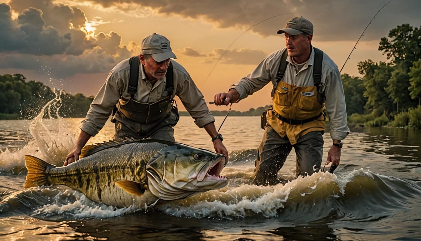 Fisherman's Epic Battle Against Giant Bass at Dawn