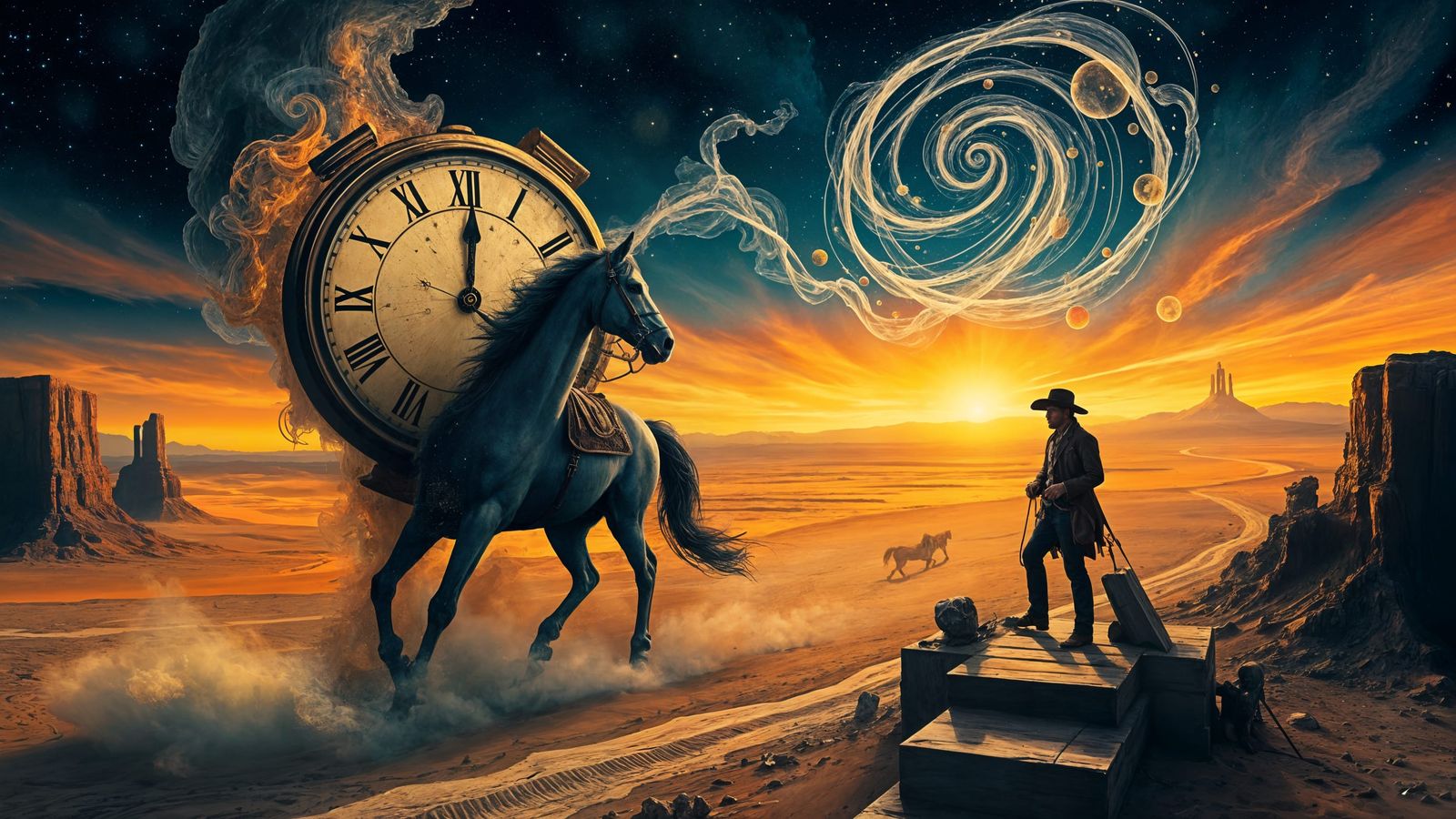 Surreal Cowboy in Melting Clock Desert