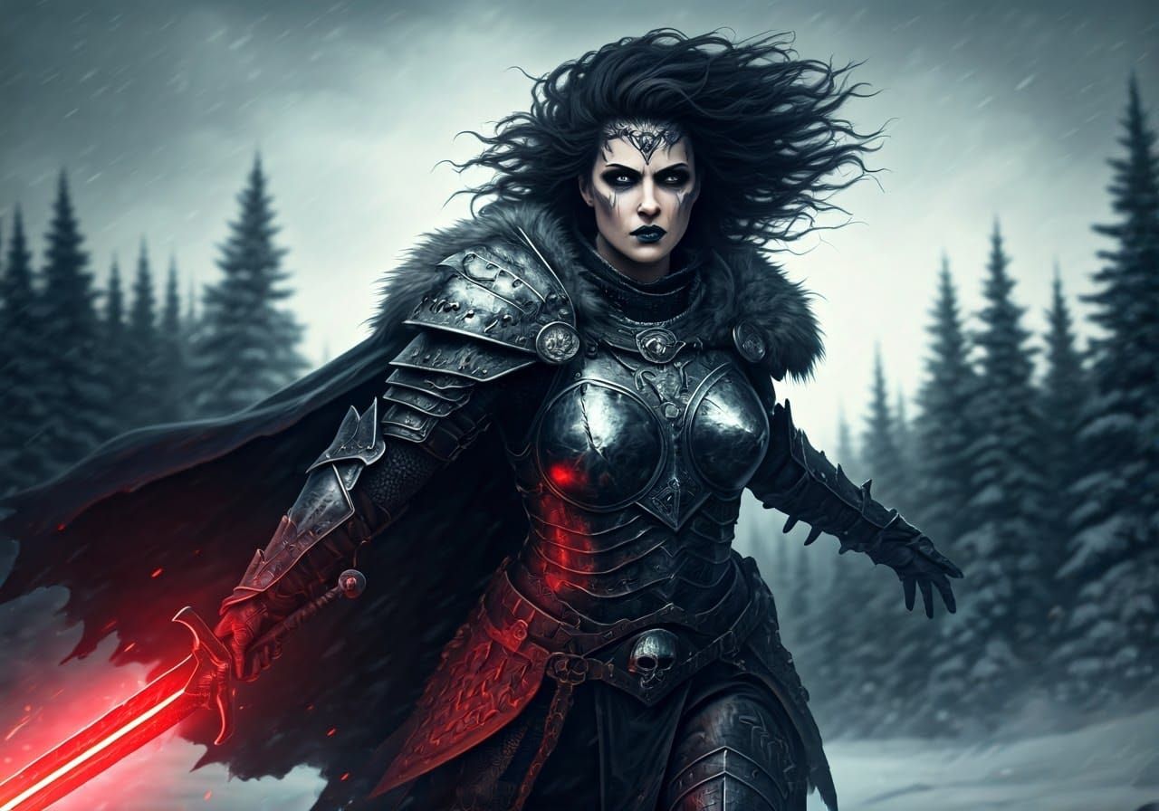 Cyberpunk Barbarian Warrior Charges into the Stormy Snowy Wi...