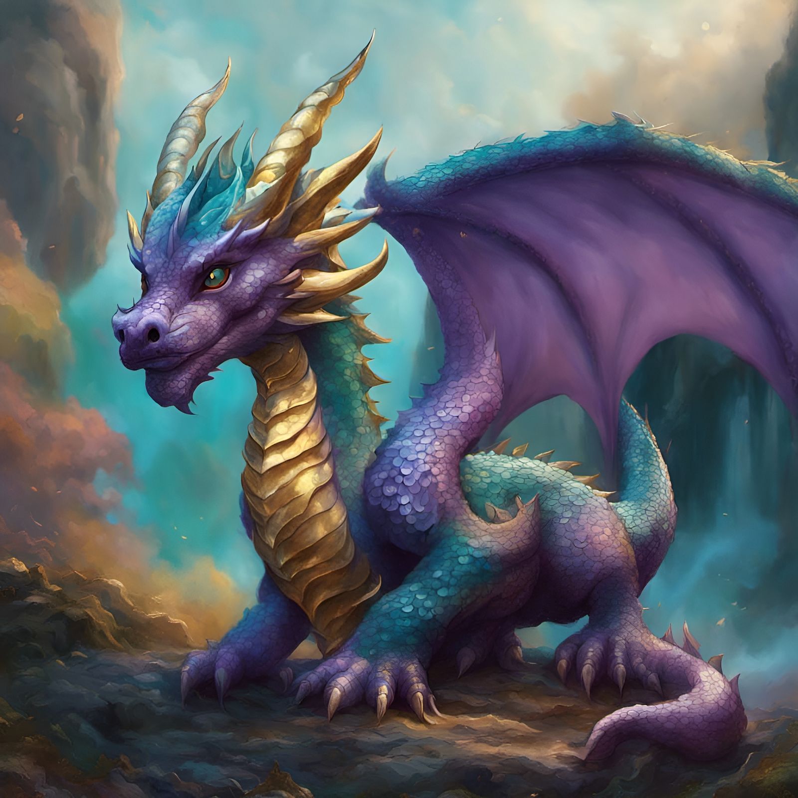 Teal and Gold Dragon in Ethereal Fantasy Landscape