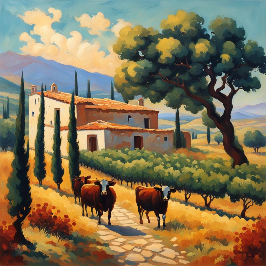 Neo-Impressionistic Greek Villa with Cattle