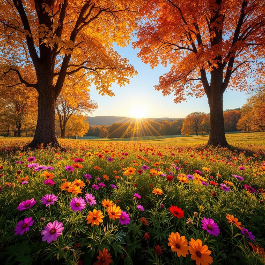 Vibrant Autumn Landscape with Colorful Flowers