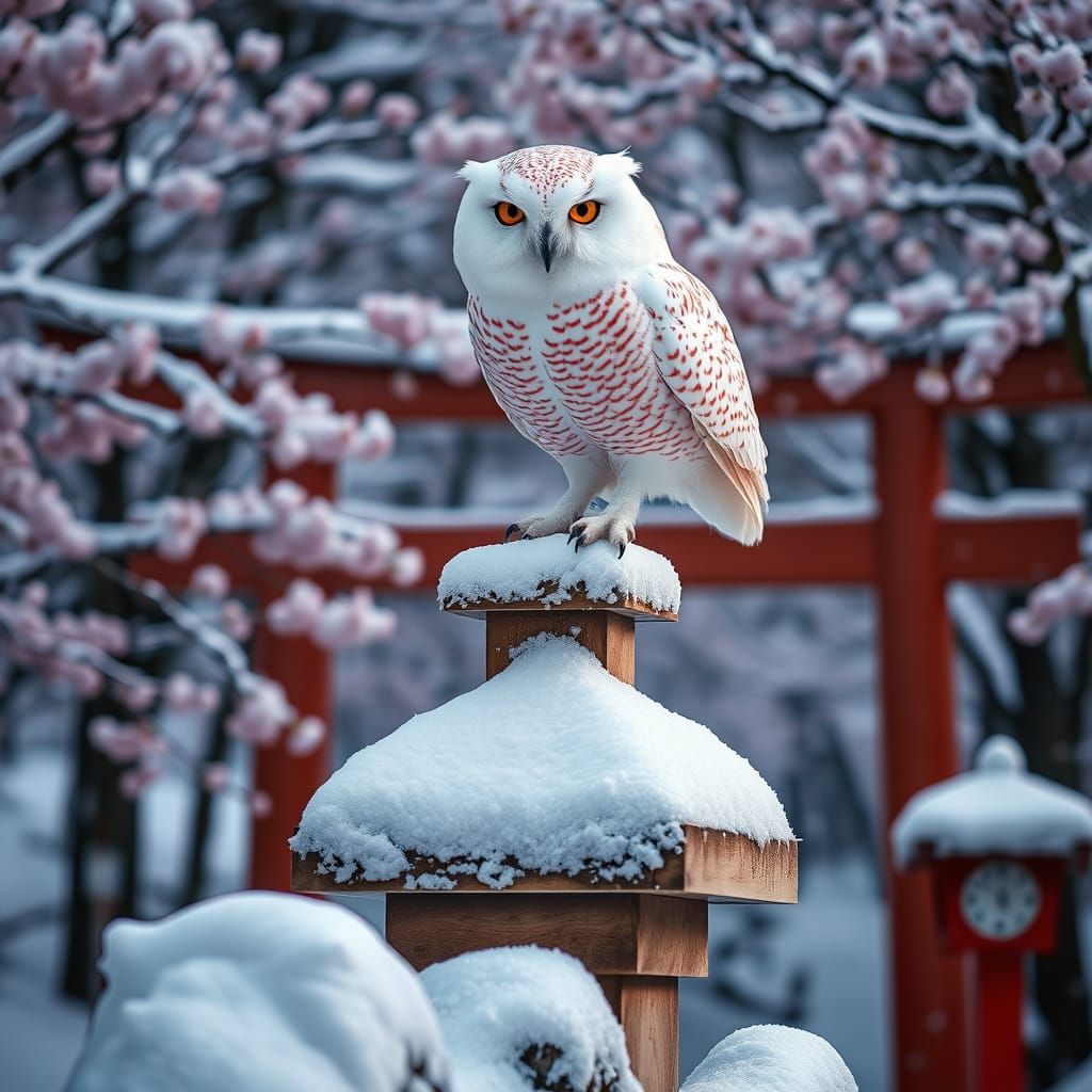 Snowy Owl on Torii Gate, Japanese Photography Style