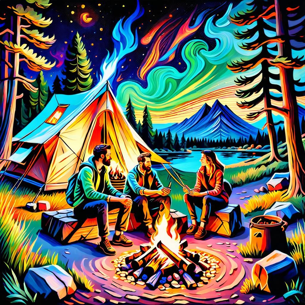 Cozy Campfire Scene Under Starlit Sky