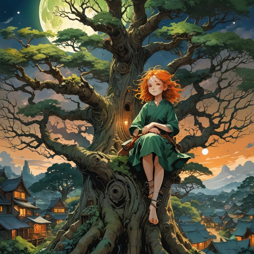 Tree Village Fantasy Art in Vibrant Colors