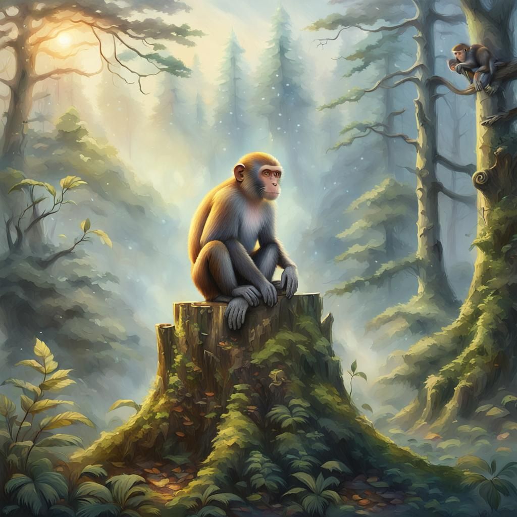 Monkey in Misty Forest, Watercolor Fantasy