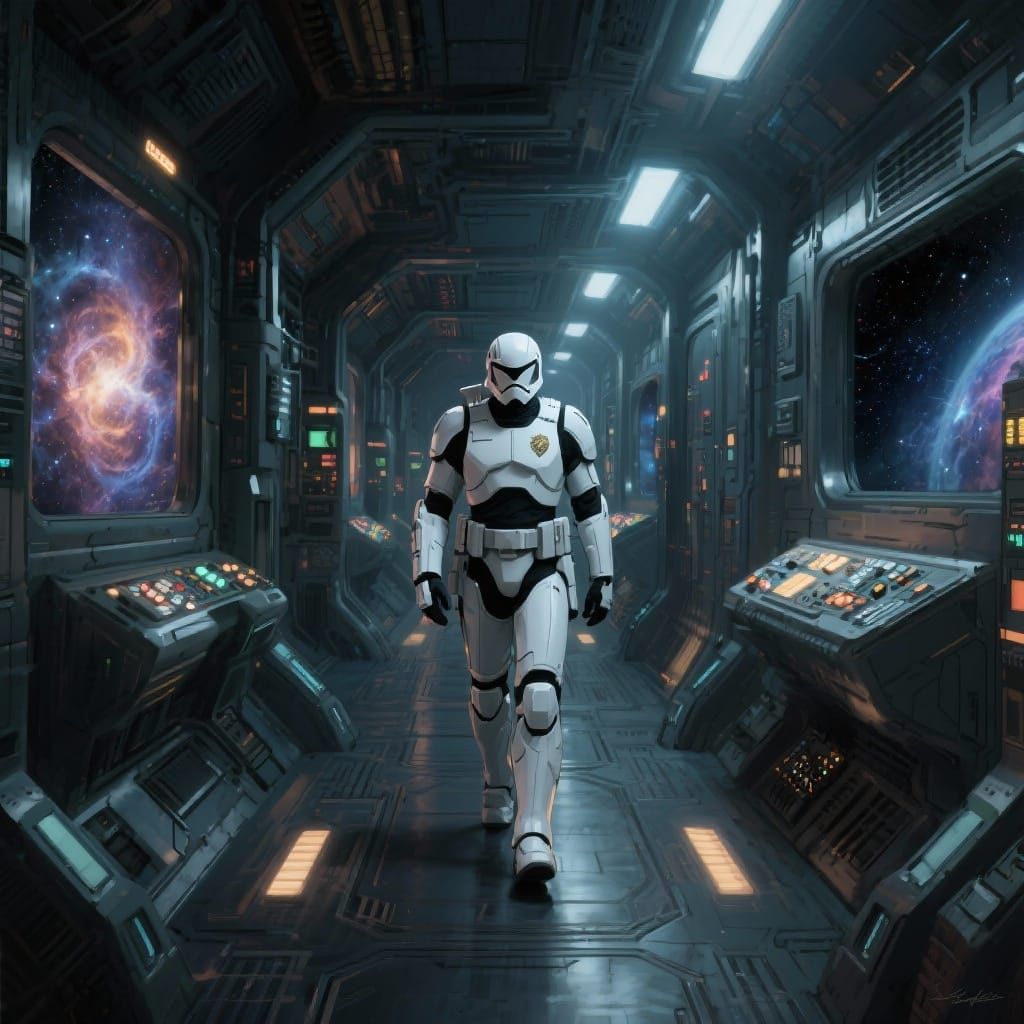 Space Marshal in White Armor on Bustling Station
