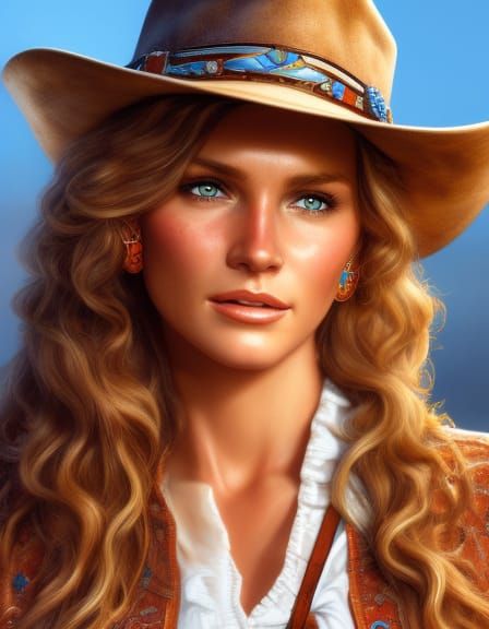Cowgirl Portrait with Curly Hair in 1980s Style