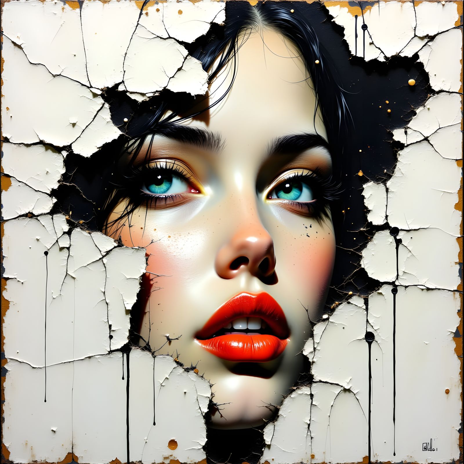 Surreal Impasto Portrait Emerging from Cracked Wall