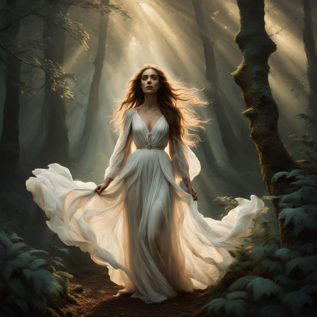 Woman in Moonlit Forest, Bohemian Chic, 19th Century French ...