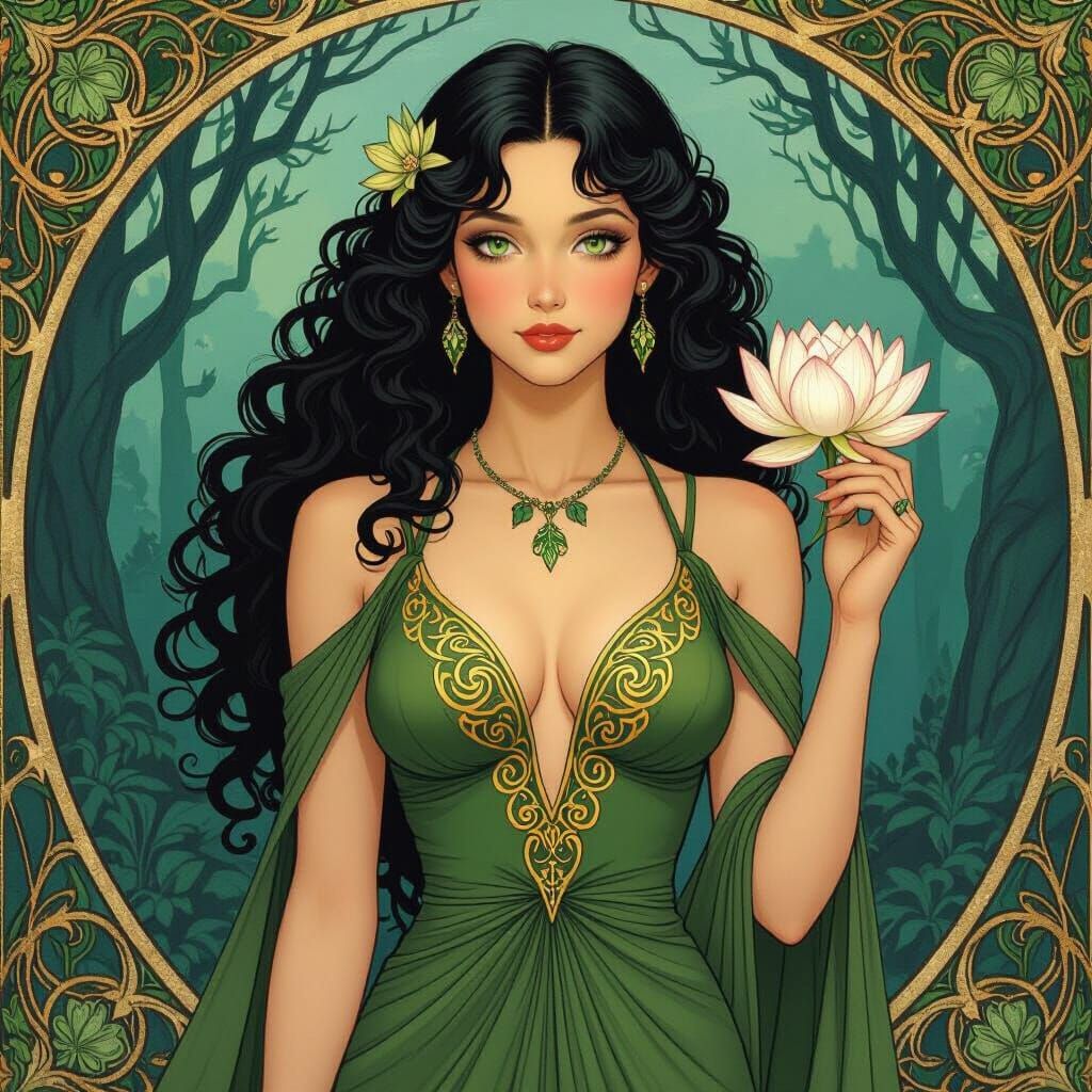 Girl in Green Dress with Lotus, Art Nouveau Style