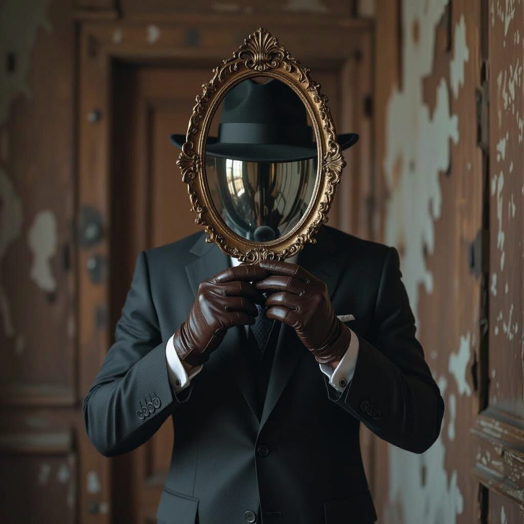 Mirror-Faced Man in Soviet Room, Dreamlike Art