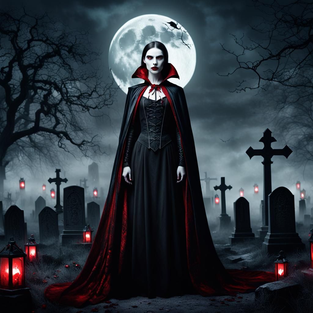 Vampire Queen in Graveyard, Dark Futurism Aesthetic