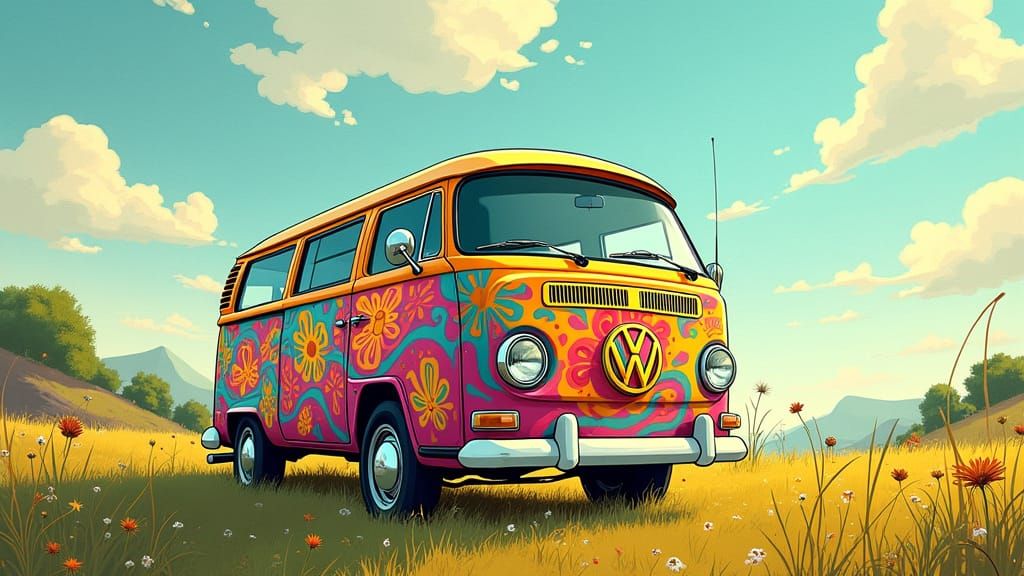 Psychedelic 1960s VW Bus in a Sun-Dappled Meadow