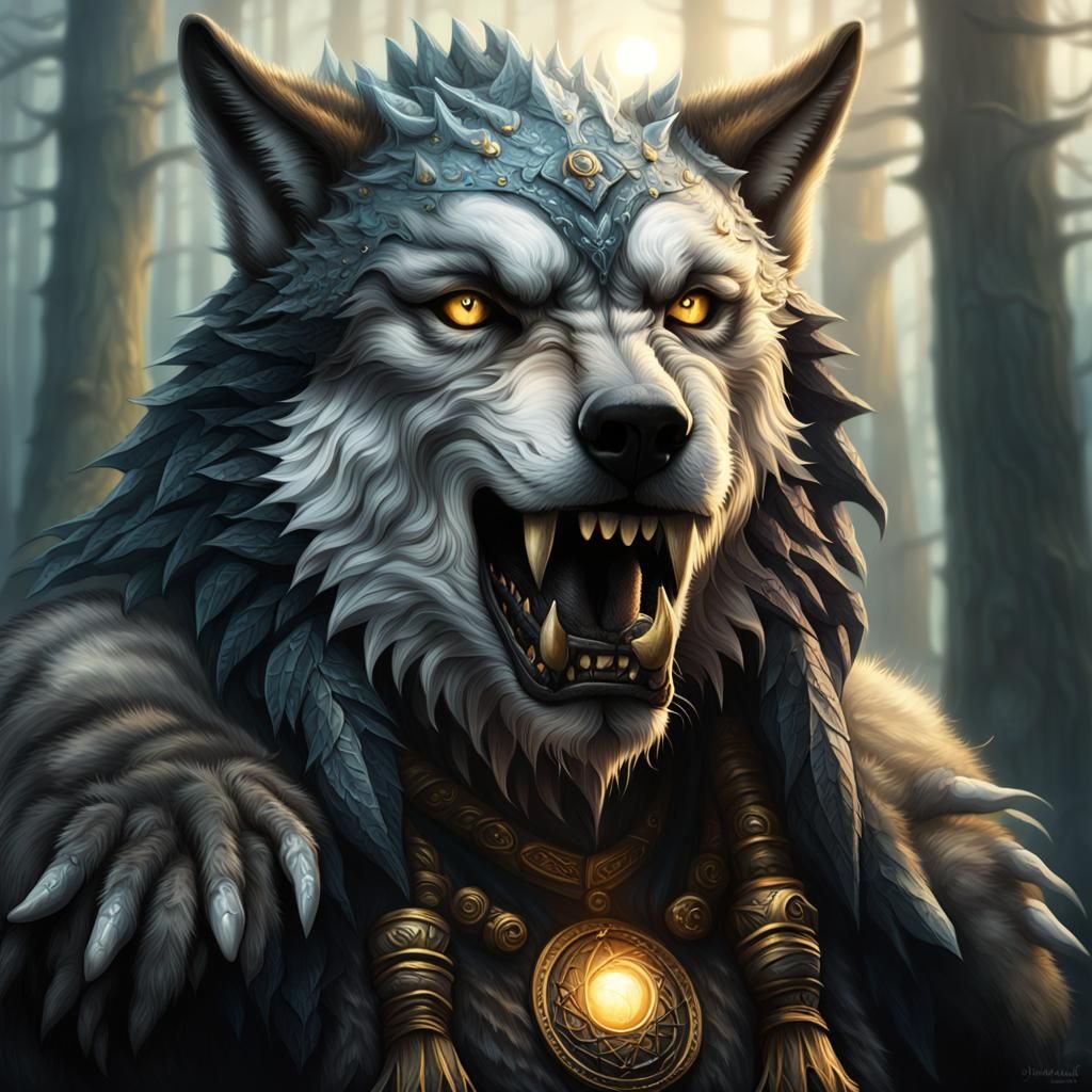 Mystical She-Wolf Druid Portrait in Golden Light