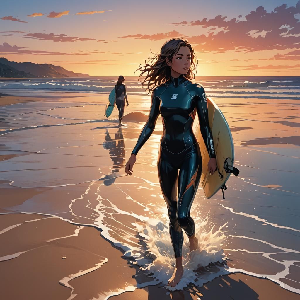 Female Surfer at Sunset in Anime Style