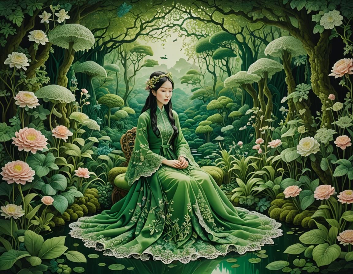 Woman in Magical Garden: An Acrylic Gouache Painting