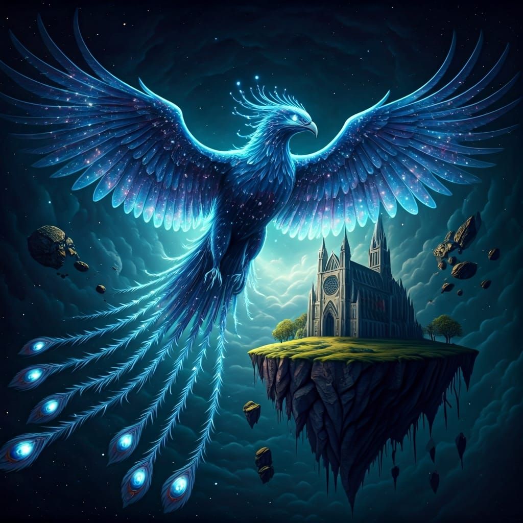 Starlight Phoenix Soaring Above Gothic Cathedral