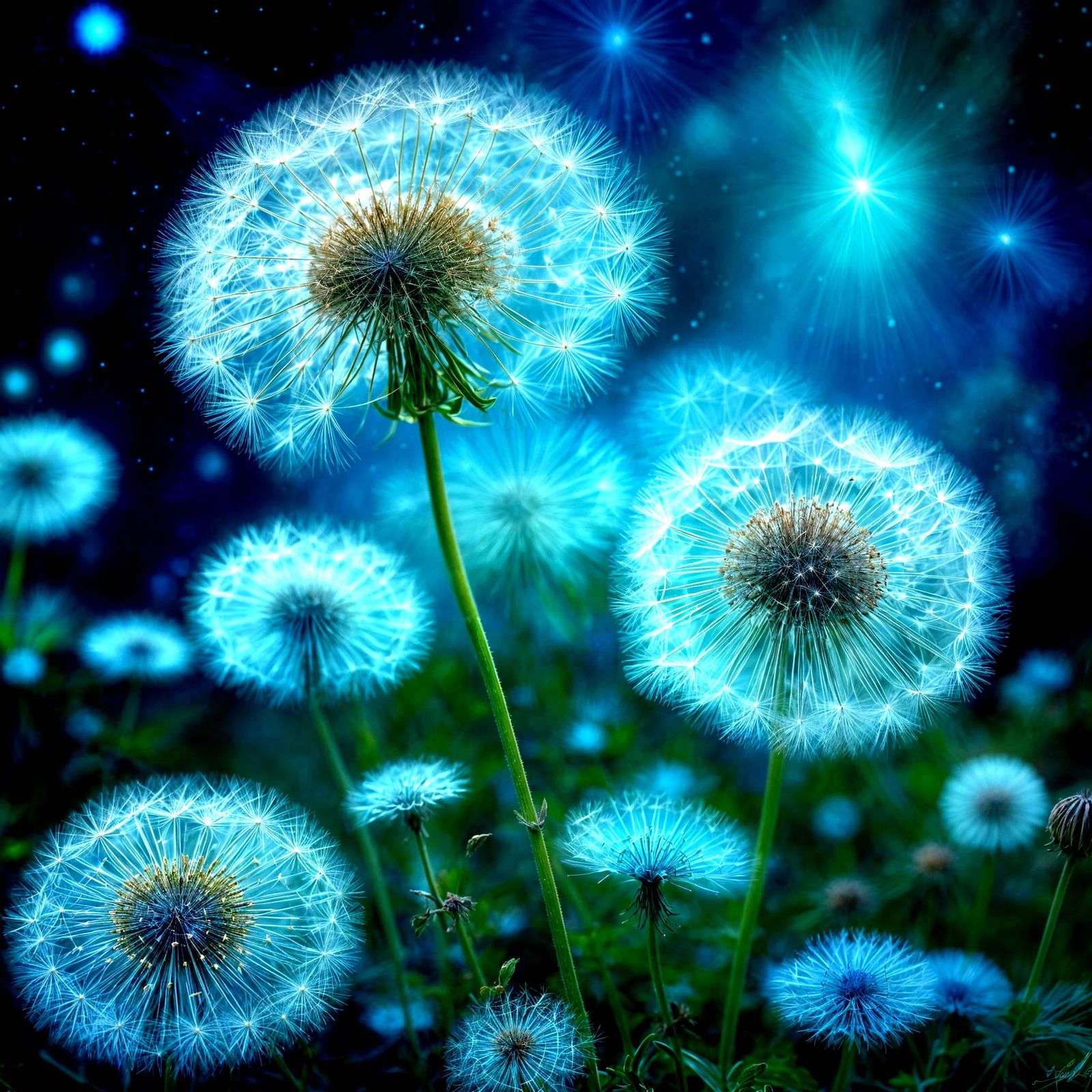 Vibrant Cosmic Dandelions in Turquoise Dreamscape