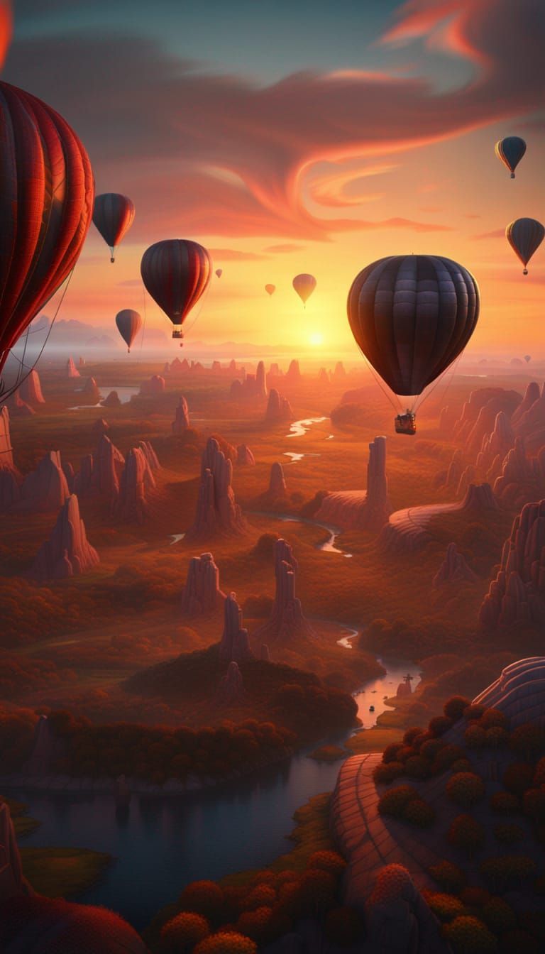 Sunset Hot Air Balloons: Detailed Matte Painting