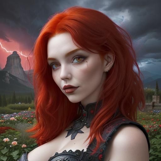 Steampunk Woman with Magic Eyes in Stormy Garden