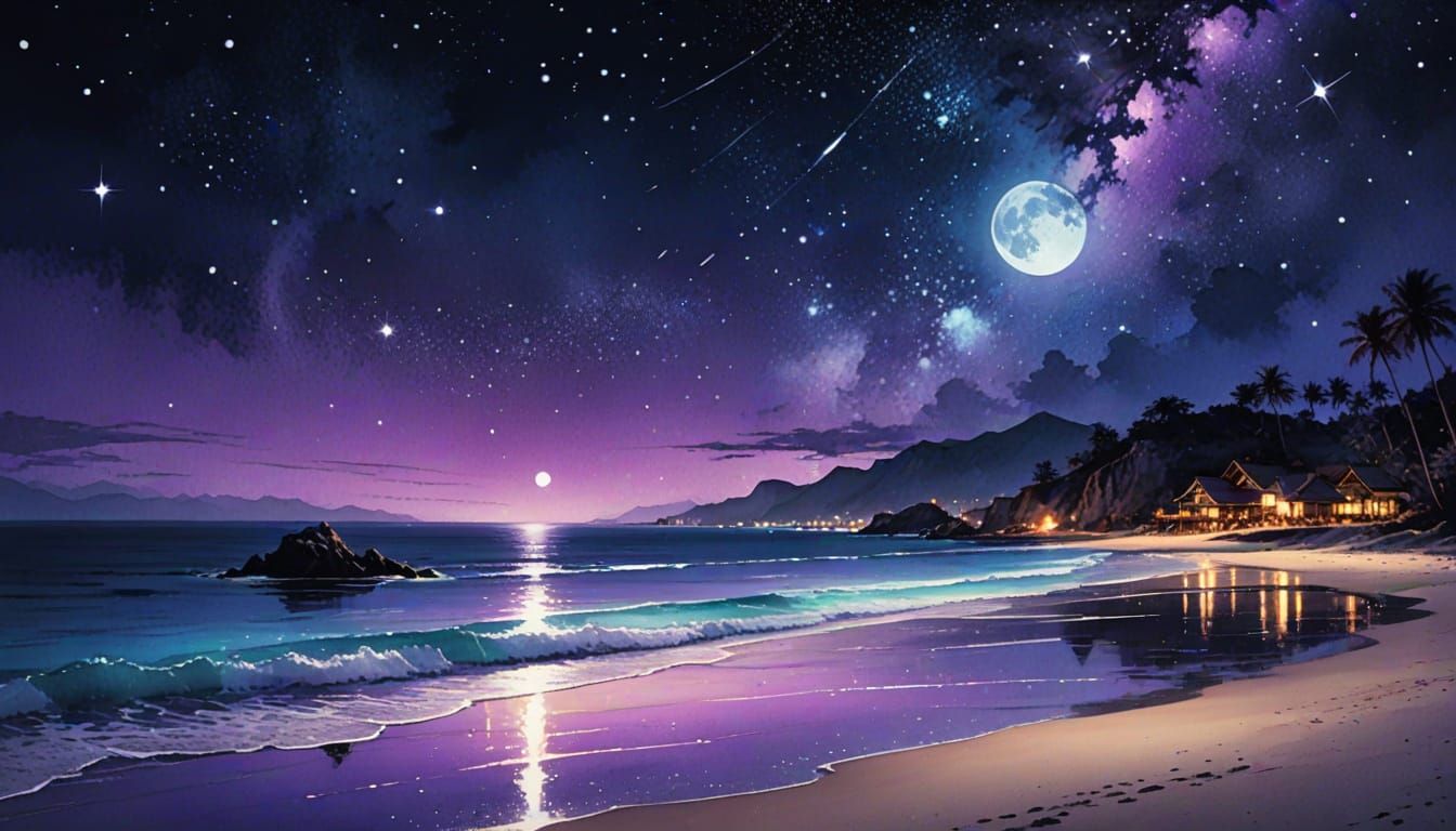Moonlit Beach in Digital Watercolor Illustration