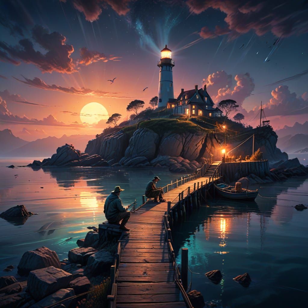 Fisherman Mending Nets: Surreal Digital Painting