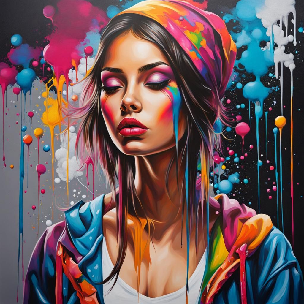 Girl Painting on Canvas in Graffiti Art Style