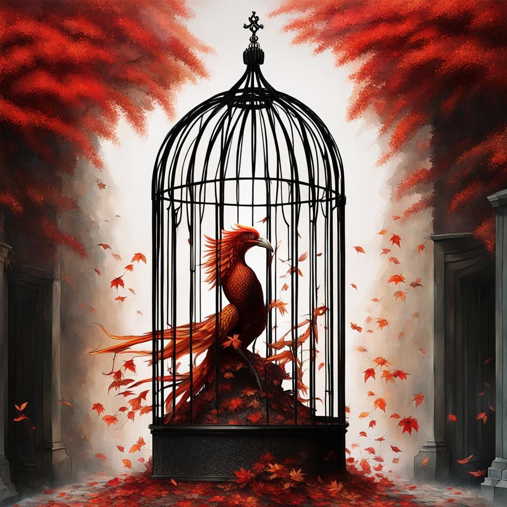 Phoenix Breaks Eternity Cage in Fiery Digital Art