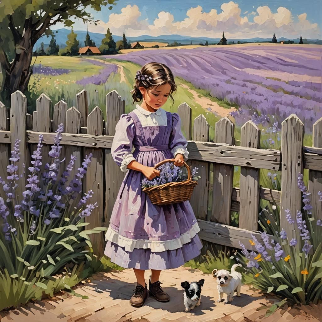 Girl with Lavender Basket: Impasto Painting