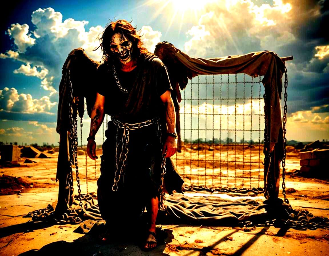 Disturbing Fallen Angel in Chains and Blood