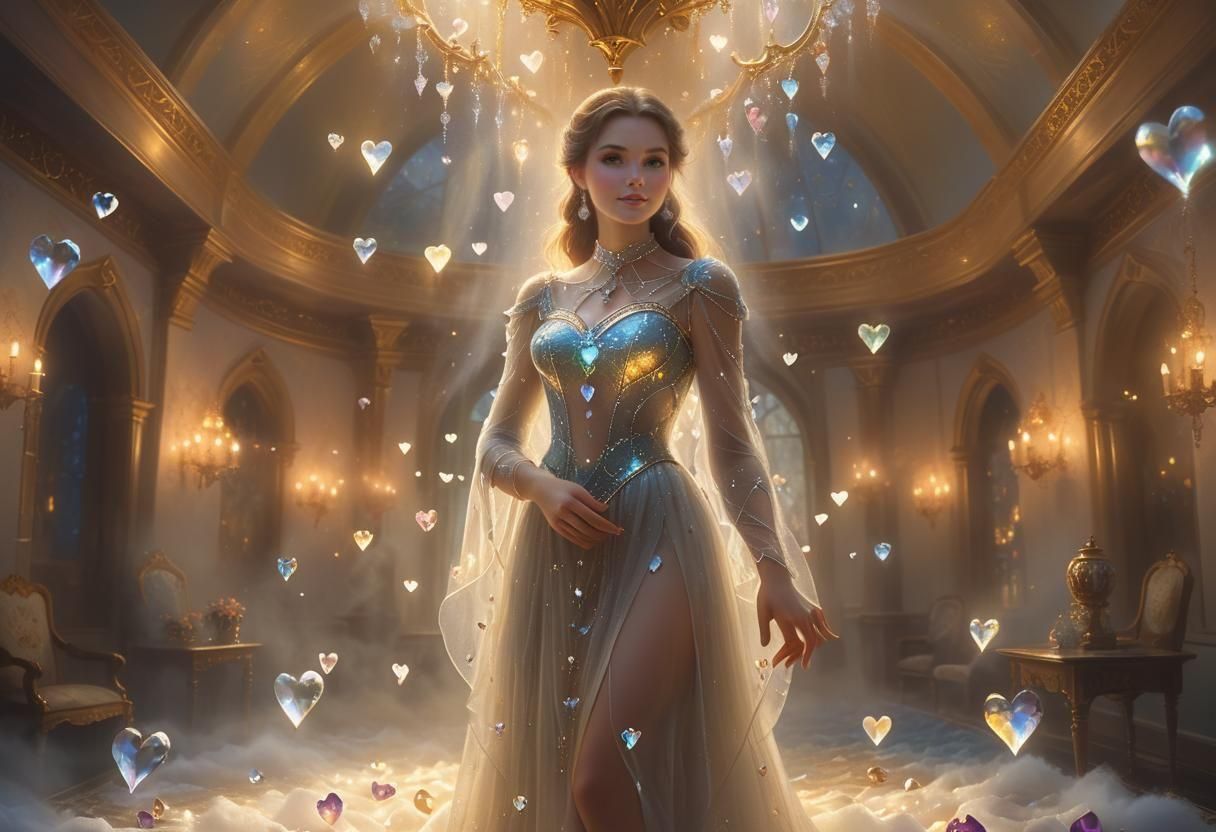Ethereal Woman Creates Crystal Hearts in Luminist Style