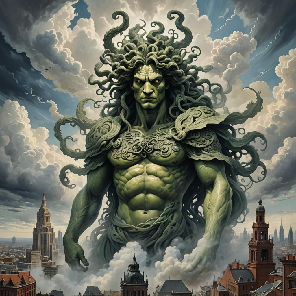 A massive and mythological fantasy figure emerging from clou...